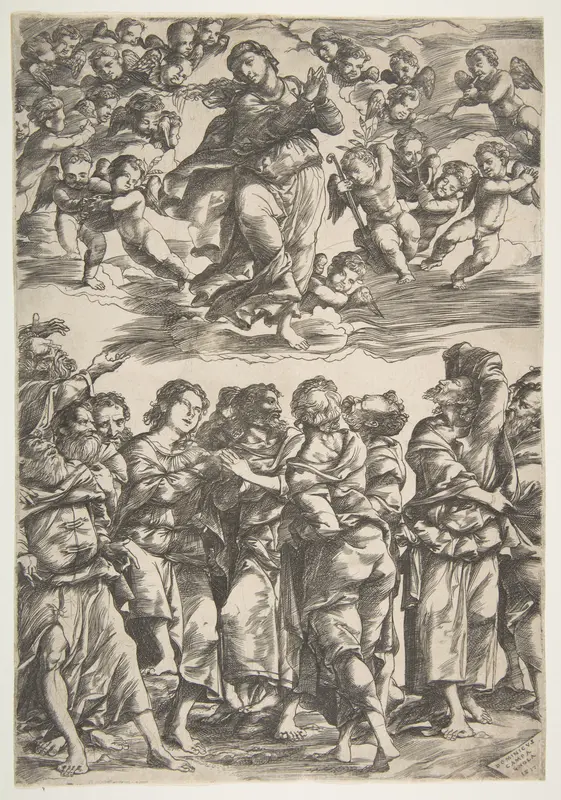 The Virgin at top center in clouds with clasped hands and right foot raised, surrounded by cherubin; below, the twelve apostles stand together gesturing upwards Wall Art by Domenico Campagnola - High-Resolution Digital Print