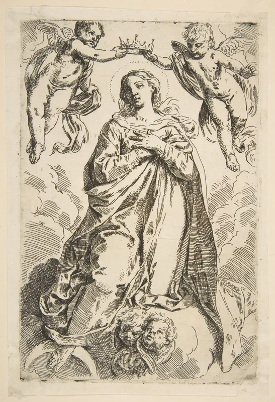 The Virgin being crowned by two angels, copy after Cantarini Wall Art by Simone Cantarini - High-Resolution Digital Print