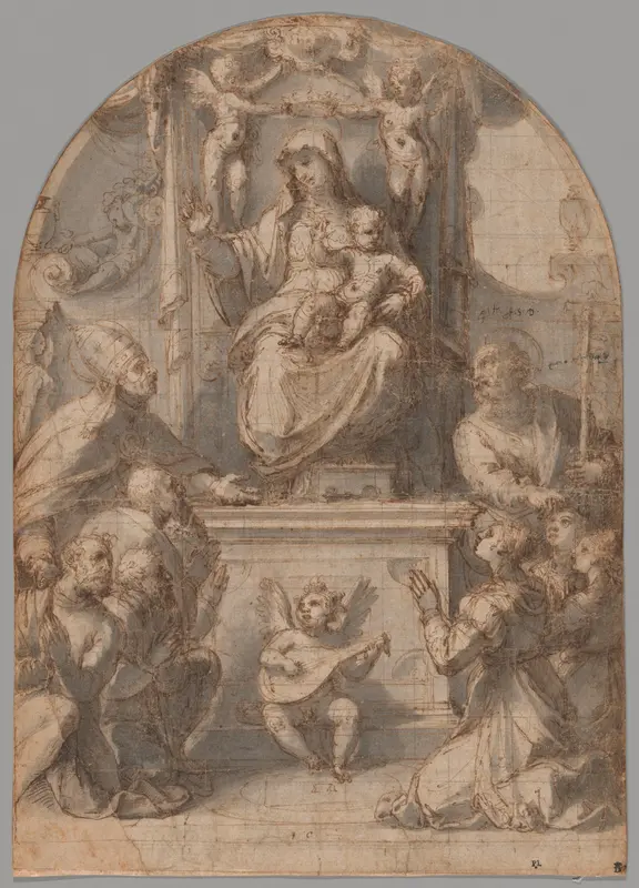 The Virgin Enthroned with Saints Gregory and James, and a Family of Donors Wall Art by Perino del Vaga - High-Resolution Digital Print