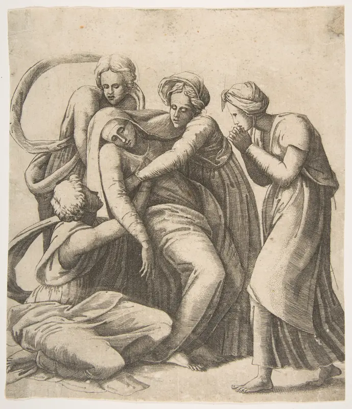 The Virgin fainting and being supported in the arms of the holy women Wall Art by Giulio Bonasone - High-Resolution Digital Print