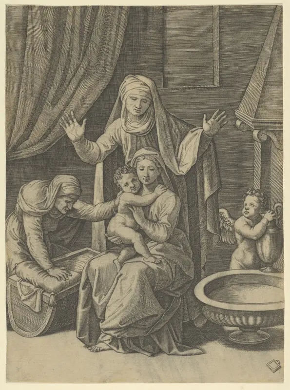 The Virgin holding the Christ Child, St Anne standing above with arms outstretched, St Elizabeth at the left