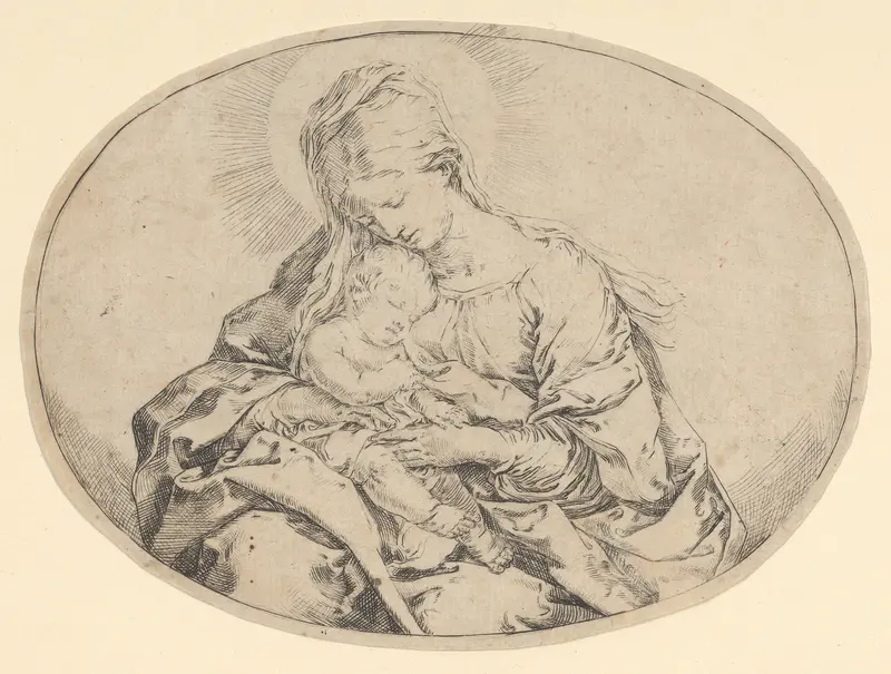 The Virgin holding the infant Christ, an oval composition Wall Art by Guido Reni - High-Resolution Digital Print