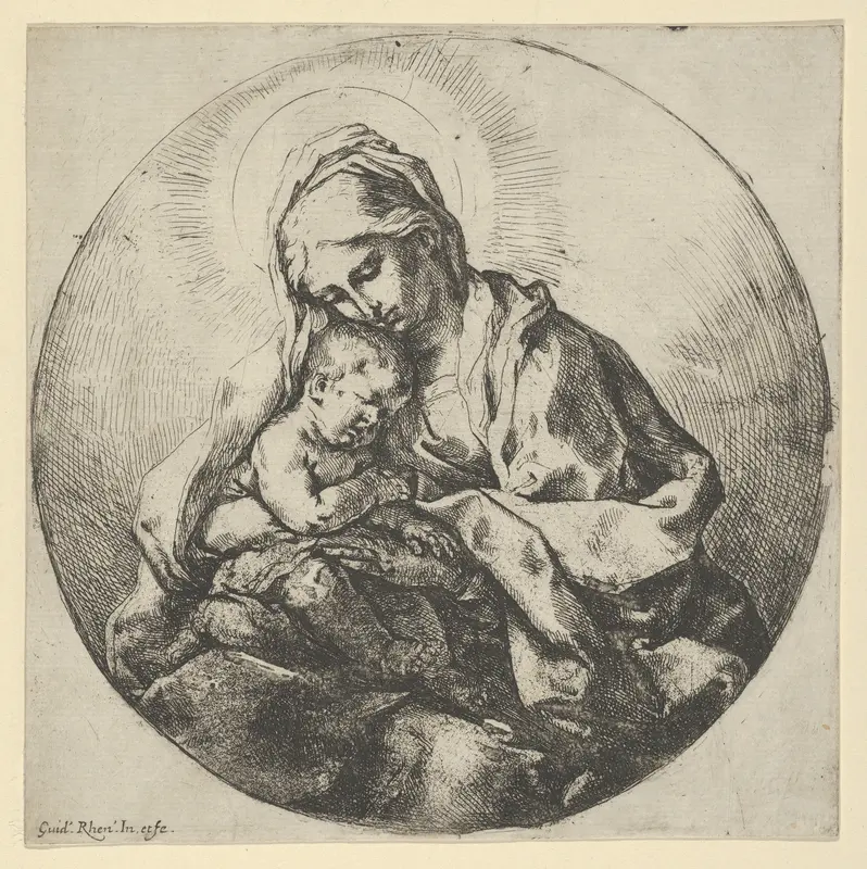 The Virgin holding the infant Christ with the fingers of her right hand hidden, a circular composition Wall Art by Guido Reni - High-Resolution Digital Print