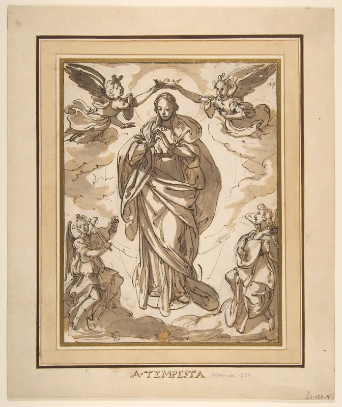 The Virgin Immaculate Crowned by Two Angels, with Angel Musicians in the Foreground Wall Art by Domenico Fontana - High-Resolution Digital Print