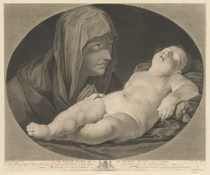 The Virgin in prayer, looking at the sleeping infant Christ, in an oval frame, after Reni Wall Art by Simon Francis Ravenet, the elder - High-Resolution Digital Print