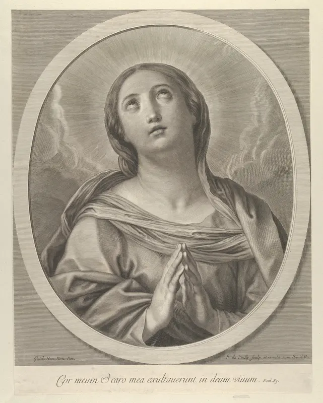 The Virgin in prayer, looking up with clouds behind her, in an oval frame, after Reni Wall Art by Francois de Poilly - High-Resolution Digital Print
