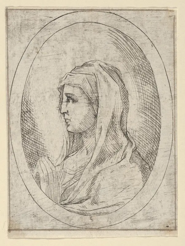 The Virgin in prayer, seen in profile facing left, in an oval frame, from "Christ, the Virgin, and Thirteen Apostles" Wall Art by Anonymous, 17th century - High-Resolution Digital Print
