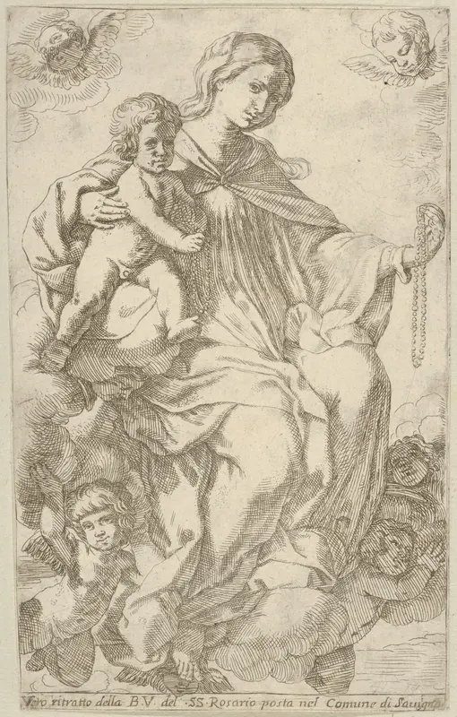 The Virgin in the clouds holding a rosary in her left hand and embracing the infant Christ, who also holds a rosary, angels surrounding them Wall Art by Lorenzo Loli - High-Resolution Digital Print
