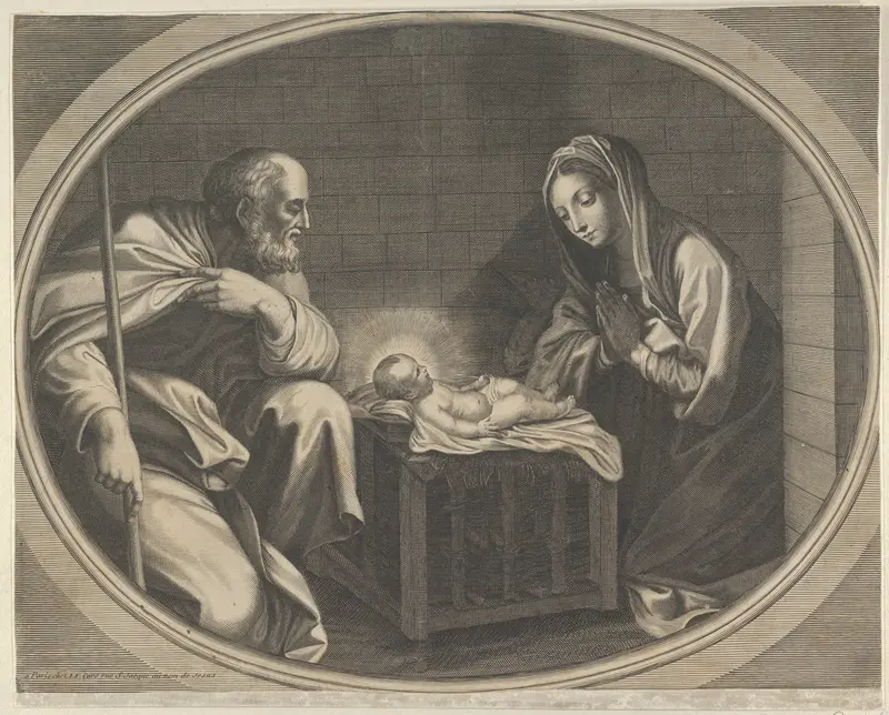 The Virgin kneeling in prayer before the infant Christ who is lying on a wooden box, Saint Joseph at left, a mule at right, in an oval frame, after Reni Wall Art by Anonymous - High-Resolution Digital Print