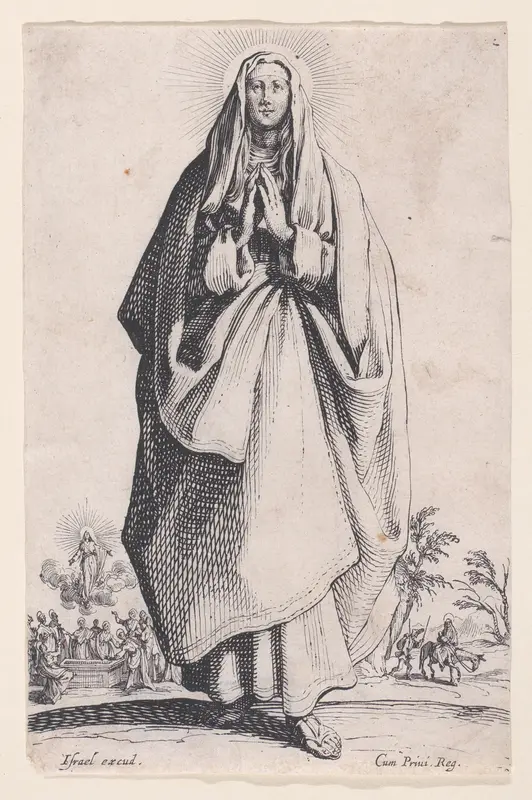 The Virgin Mary, from "Les Grands Apôtres Debout, Représentant Le Sauveur, La Bienheureuse Marie et Les Saints Apôtres" (The Large Standing Apostles, Representing The Savior, The Blessed Mary and The Apostles) Wall Art by Jacques Callot - High-Resolution Digital Print