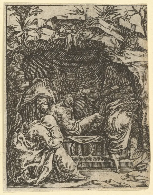 The Virgin of Sorrows: The Entombment; one of nine surrounding compartments from the Virgin of Sorrows, now separated Wall Art by Giorgio Ghisi - High-Resolution Digital Print