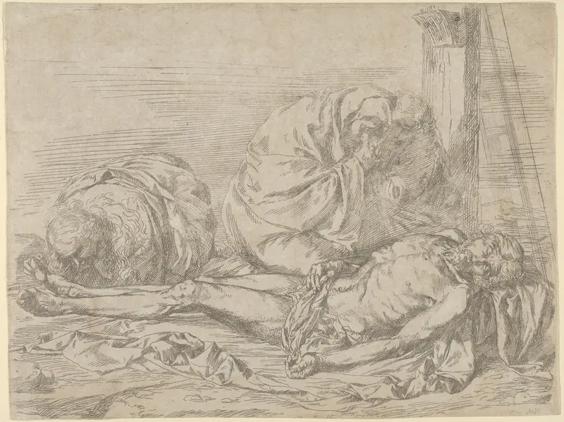 The Virgin, Saint John the Baptist, and Mary Magdalen weeping over Christ's dead body Wall Art by Jusepe de Ribera (called Lo Spagnoletto) - High-Resolution Digital Print