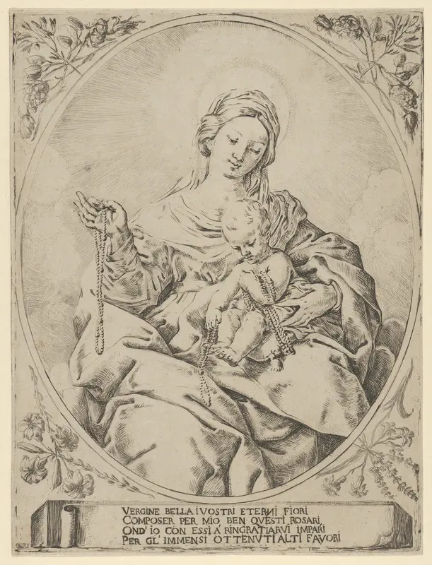 The Virgin seated holding a rosary in her right hand, the infant Christ on her lap holding several rosaries, in an oval frame with flowers surrounding it and a tablet with inscription at the base Wall Art by Anonymous - High-Resolution Digital Print
