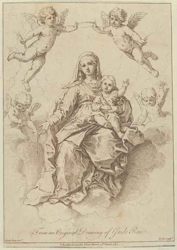 The Virgin seated in the clouds with the infant Christ, surrounded by putti, after a drawing by Reni Wall Art by Giuseppe Zocchi - High-Resolution Digital Print