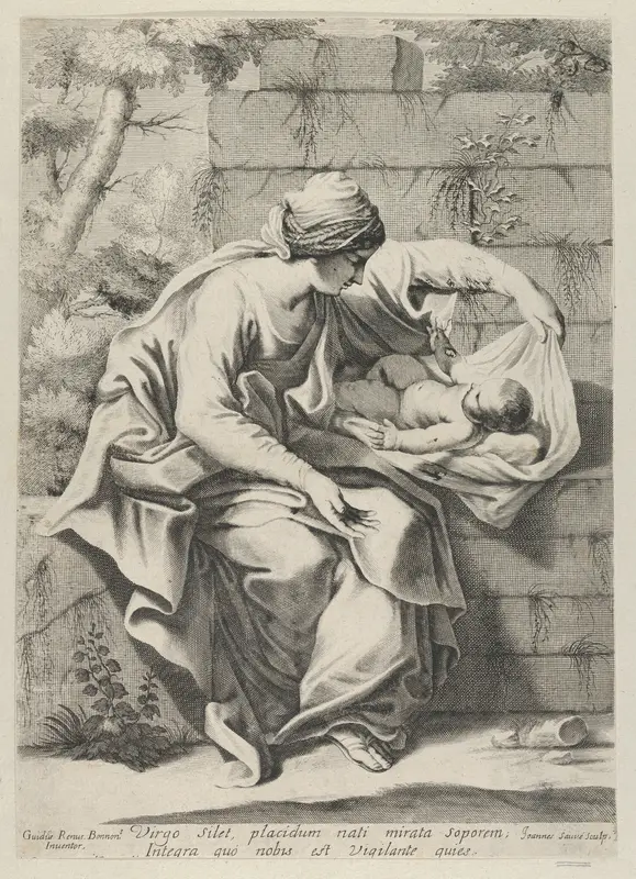 The Virgin seated on a stone ledge with the infant Christ lying on a cushion next to her, after Reni Wall Art by Jean Sauvé - High-Resolution Digital Print