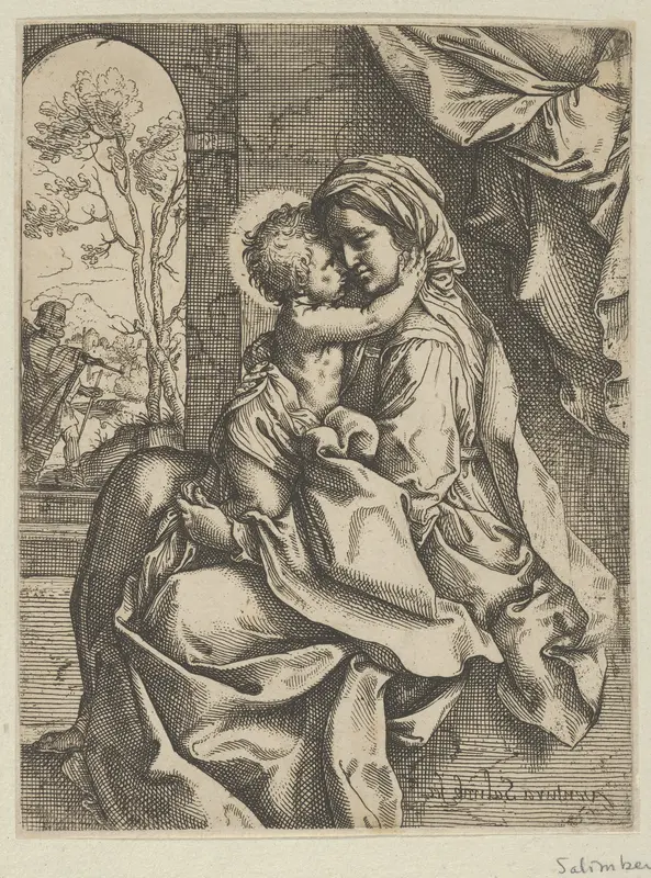 The Virgin seated with the Christ Child on her lap embracing her, Joseph seen through an archway at left, after Reni Wall Art by Ventura Salimbeni - High-Resolution Digital Print
