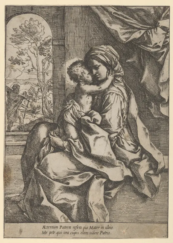 The Virgin seated with the Christ Child on her lap embracing her, Joseph seen through an archway at left Wall Art by Guido Reni - High-Resolution Digital Print