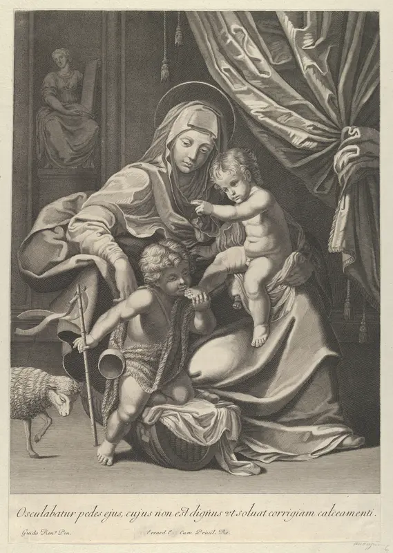 The Virgin seated with the infant Christ on her lap, the young Saint John the Baptist kneeling on Christ's cradle and kissing his foot, a lamb at left, after Reni Wall Art by Anonymous, 17th century - High-Resolution Digital Print