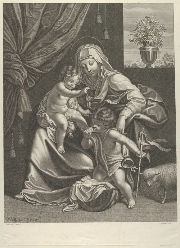 The Virgin seated with the infant Christ on her lap, the young Saint John the Baptist kneeling on Christ's cradle and kissing his foot, a lamb at right, after Reni Wall Art by Jean Boulanger - High-Resolution Digital Print