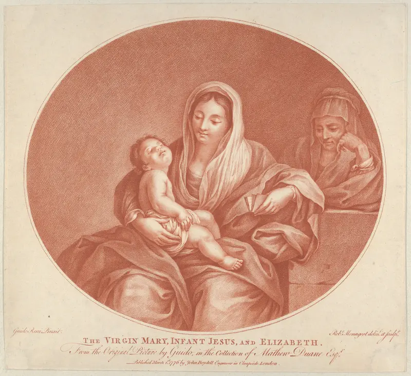 The Virgin seated with the infant Christ sleeping in her lap, Saint Elizabeth at right, an oval composition, after Reni Wall Art by Robert Menageot - High-Resolution Digital Print