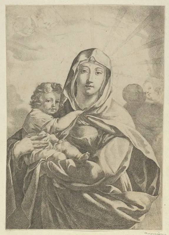 The Virgin standing facing front and holding the infant Christ, angels behind them in the clouds Wall Art by Anonymous - High-Resolution Digital Print