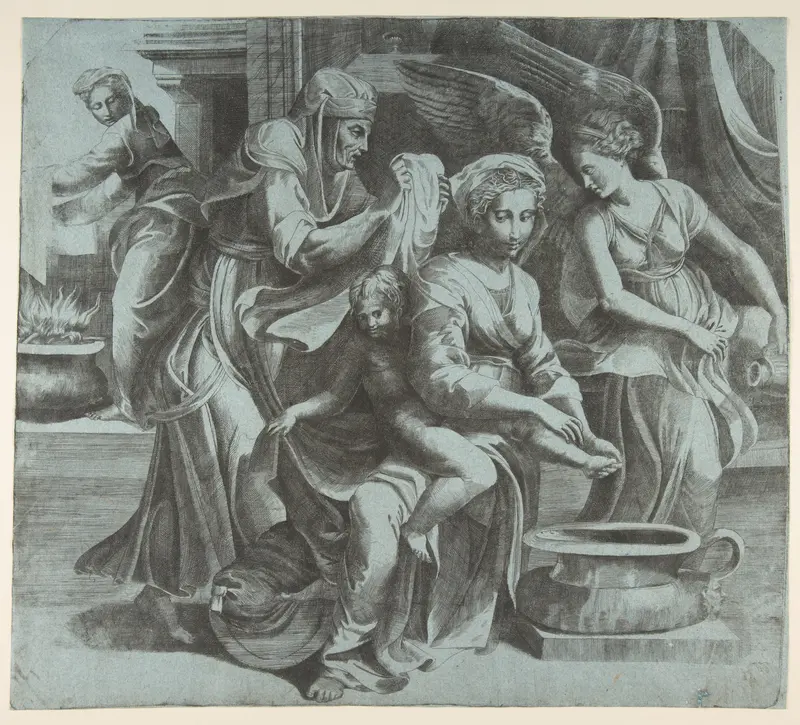 The Virgin washing the Christ Child accompanied by figures and an angel at right Wall Art by Giulio Bonasone - High-Resolution Digital Print