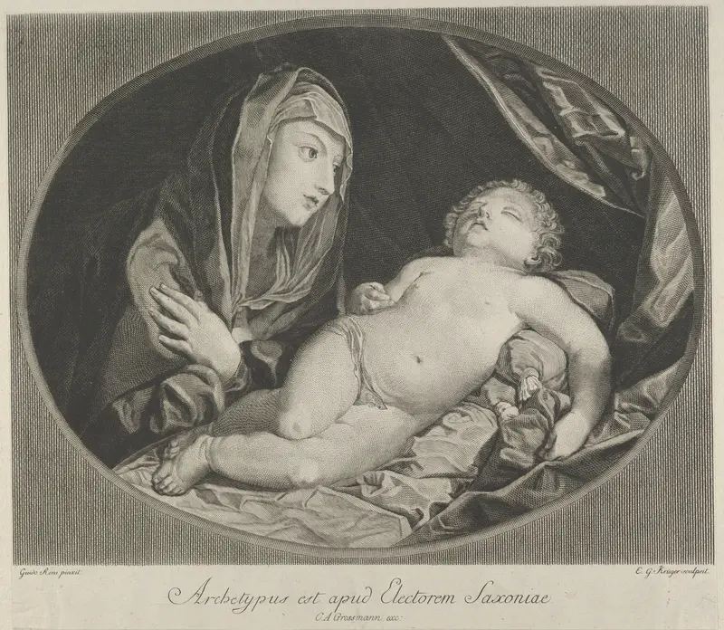 The Virgin with arms crossed over her chest looking at the sleeping infant Christ, in an oval frame, after Reni Wall Art by Ephraim Gottlieb Krüger - High-Resolution Digital Print