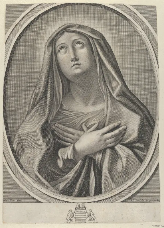 The Virgin with arms crossed over her chest, looking up to the left, in an oval frame, after Reni Wall Art by Gilles Rousselet - High-Resolution Digital Print