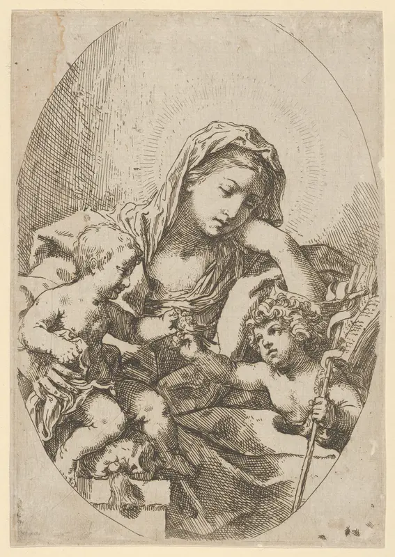 The Virgin with the Christ Child and the young Saint John the Baptist holding a bird at right, an oval composition, after Reni Wall Art by Lorenzo Loli - High-Resolution Digital Print