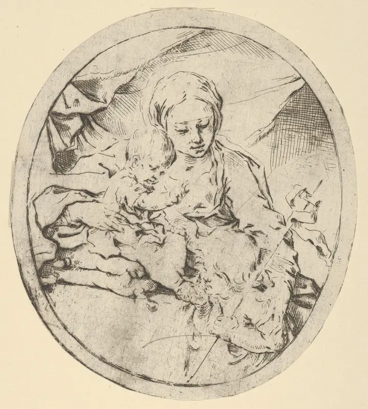 The Virgin with the infant Christ seated on a cushion and the young Saint John the Baptist at his feet, an oval composition Wall Art by Guido Reni - High-Resolution Digital Print