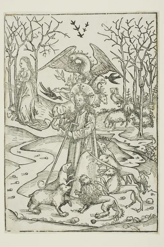 The Virtues of Christ and the Wickedness of His Enemies Symbolized by Diverse Birds and Beasts (verso); The Last Supper (recto), pages 66 and 65 from the Treasury (Schatzbehalter) Wall Art by Michel Wolgemut - High-Resolution Digital Print
