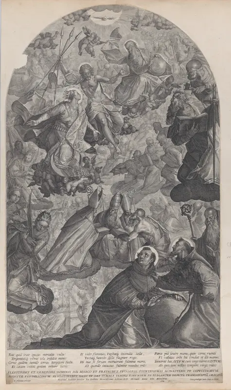 The vision of Saint Dominic, with God the Father and Christ at top center, the Virgin standing below on the crescent moon, and Saint Francis of Assisi and Saint Dominic in the foreground Wall Art by Raphael Sadeler II - High-Resolution Digital Print