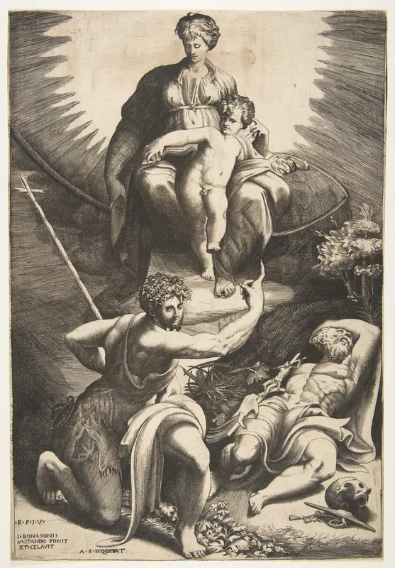 The vision of Saint Jerome who is asleep in the bottom right, the Virgin and Child appear above being pointed to by Saint John the Baptist Wall Art by Giulio Bonasone - High-Resolution Digital Print