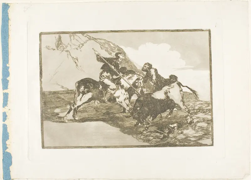 The Way in Which the Ancient Spaniards Hunted Bulls on Horseback in the Open Country, plate one from The Art of Bullfighting