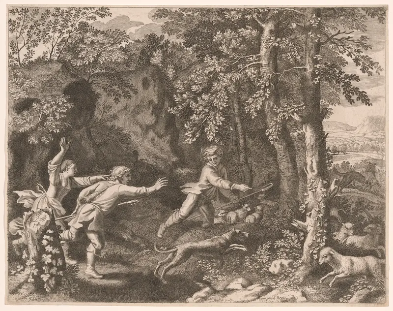 The Wolf Hunt, Plate 5 from Pastorales Wall Art by Claudine Bouzonnet-Stella - High-Resolution Digital Print