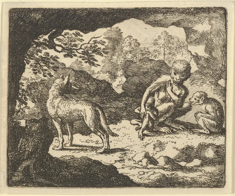 The Wolf in in the She-Monkey's Cave Where the Renard Convinced Him to Enter in Order to Make Fun of Him  from Hendrick van Alcmar's Renard The Fox Wall Art by Allart van Everdingen - High-Resolution Digital Print