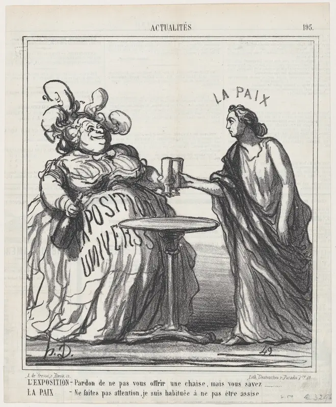 The world fair: Pardon me for not offering you a chair, but you know... Peace: Don't worry, I am not used to being seated, from "News of the Day" Wall Art by Honoré Daumier - High-Resolution Digital Print