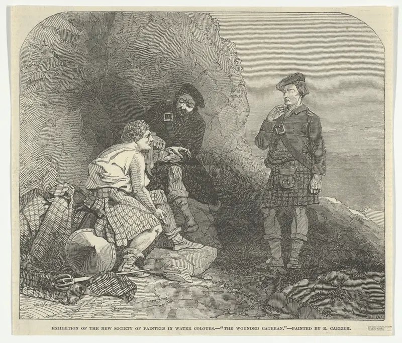 The Wounded Cateran by R. Carrick, Exhibition of the New Society of Painters in Water Colours, from "Illustrated London News" Wall Art by Joseph Lionel Williams - High-Resolution Digital Print