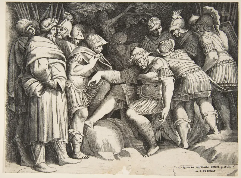 The wounded soldier Scipio in the centre surrounded by figures Wall Art by Giulio Bonasone - High-Resolution Digital Print