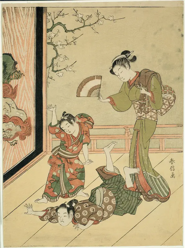The Wrestling Match (parody of Ushikawamaru and Benkei) Wall Art by Suzuki Harunobu - High-Resolution Digital Print