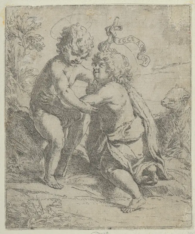 The young Saint John the Baptist kneeling before the young Christ who embraces him, a lamb at right Wall Art by Guido Reni - High-Resolution Digital Print