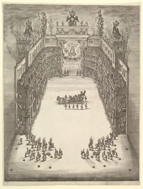 Theater at Modena, seen from above and filled with spectators, with a triumphal car at center and horses in formation at lower left and right, from 'La Gara delle Stagioni' Wall Art by Stefano della Bella - High-Resolution Digital Print