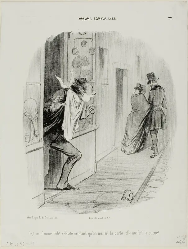 “There goes my wife!! Oh, the wretch, while I'm having a shave she's making a cuckold of me!,” plate 22 from Moeurs Conjugales