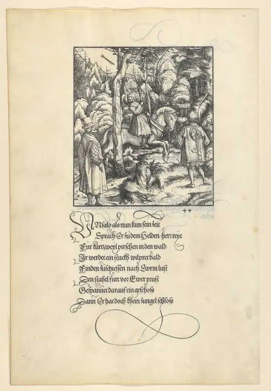 Theuerdarnk Nearly Shoots Himself with a Crossbow, from [Theuerdank] Die geuerlicheiten vnd einsteils der geschichten des loblichen streytparen vnd hochberümbten helds vnd Ritters herr Tewrdannckhs Wall Art by Hans Burgkmair - High-Resolution Digital Print