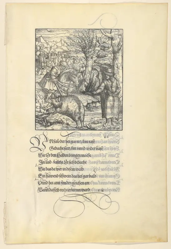 Theuerdarnk on a Boar Hunt, from [Theuerdank] Die geuerlicheiten vnd einsteils der geschichten des loblichen streytparen vnd hochberümbten helds vnd Ritters herr Tewrdannckhs Wall Art by Hans Burgkmair - High-Resolution Digital Print