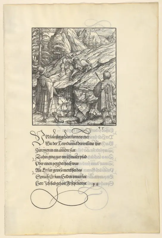 Theuerdarnk's Horse Falls Under Him, from [Theuerdank] Die geuerlicheiten vnd einsteils der geschichten des loblichen streytparen vnd hochberümbten helds vnd Ritters herr Tewrdannckhs Wall Art by Hans Burgkmair - High-Resolution Digital Print