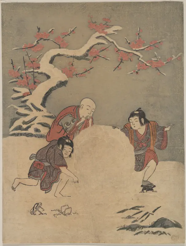 Three Boys Making a Snowman