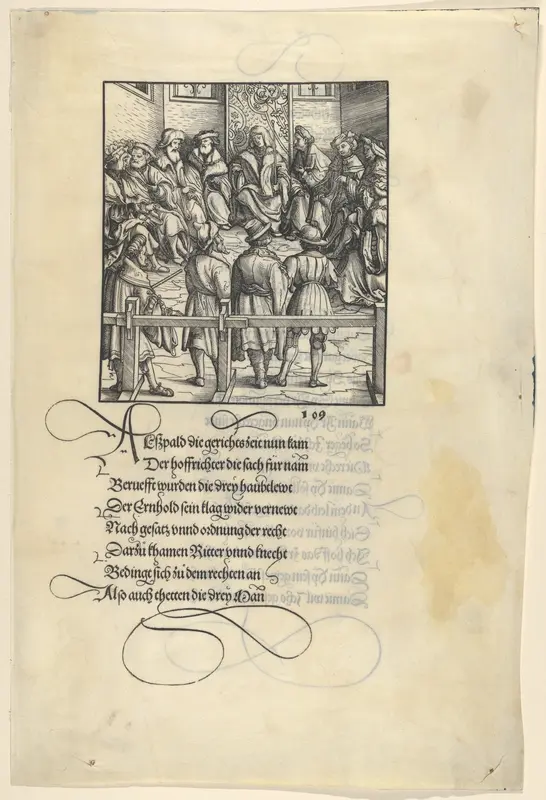 Three Captains Brought Up for Judgment, from [Theuerdank] Die geuerlicheiten vnd einsteils der geschichten des loblichen streytparen vnd hochberümbten helds vnd Ritters herr Tewrdannckhs Wall Art by Hans Burgkmair - High-Resolution Digital Print