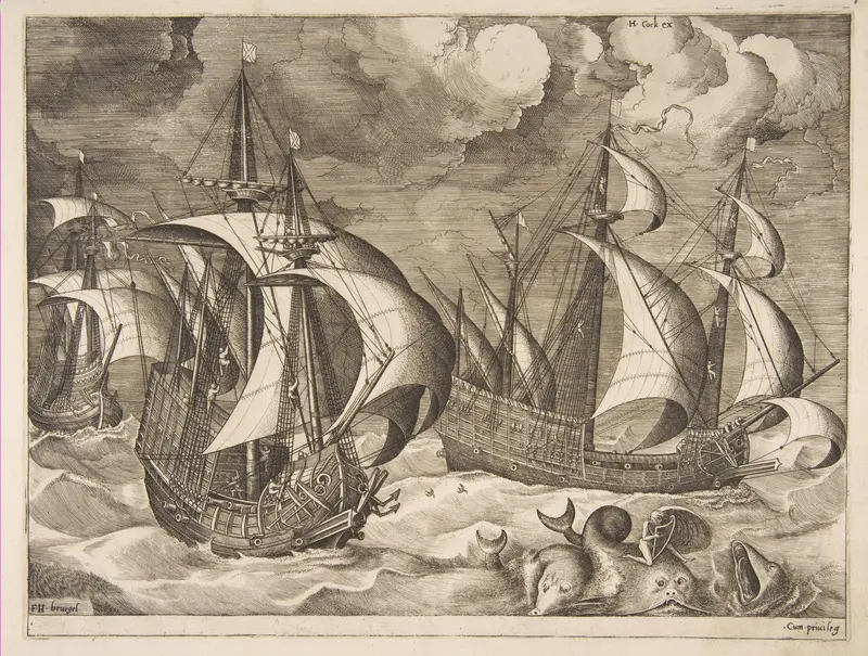 Three Caravels in a Rising Squall with Arion on a Dolphin from The Sailing Vessels Wall Art by Pieter Bruegel the Elder - High-Resolution Digital Print
