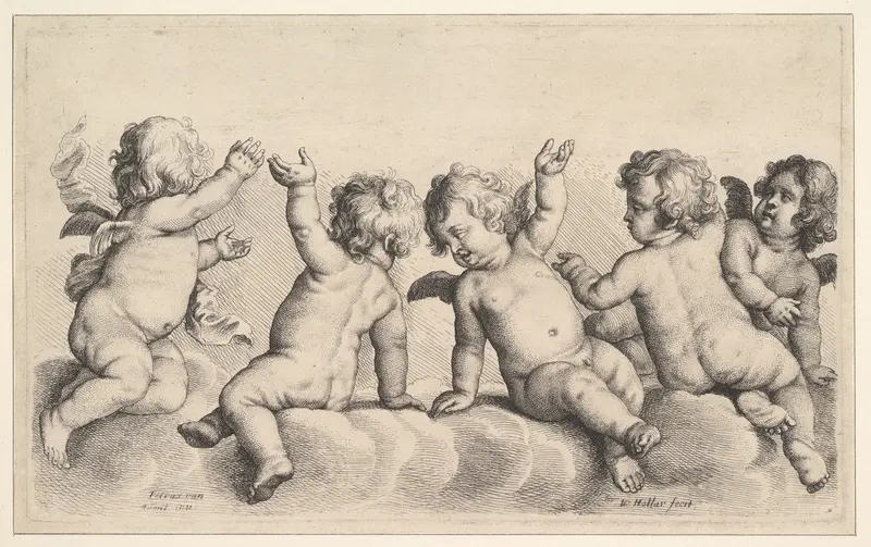 Three Cherubs and Two Boys on Clouds Wall Art by Wenceslaus Hollar - High-Resolution Digital Print